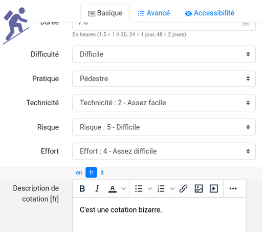 Formulaire d'édition d'un itinéraire dans Geotrek-admin, champs de pratique et cotations : technicité, risque, effort