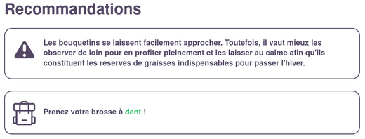 Capture d'écran Geotrek-rando, affichage des recommandations et du matériel nécessaire